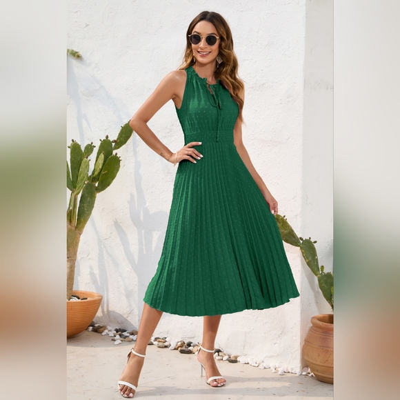 Swiss Dot Tie Neck Sleeveless Dress - Picture 3 of 4